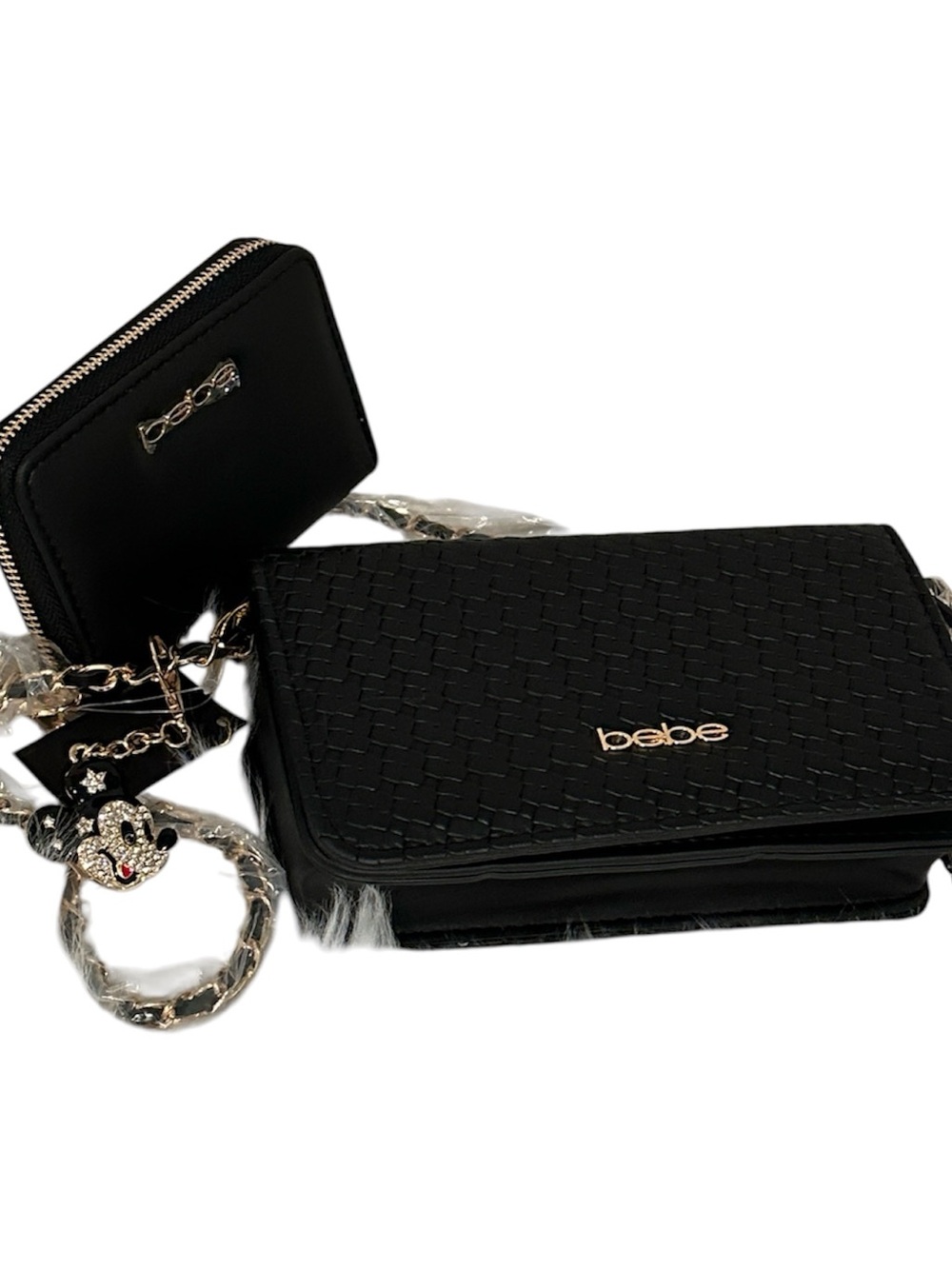 bebe Otto Black Woven Crossbody Zip Card Case with Removable Charm NWT’S